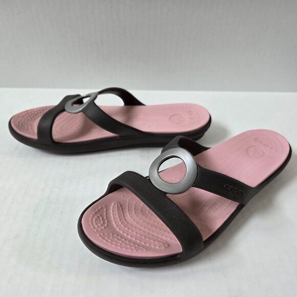 Crocs Sanrah Circle Slides Womens 6 Brown Pink Slip On Sandals - Picture 4 of 9